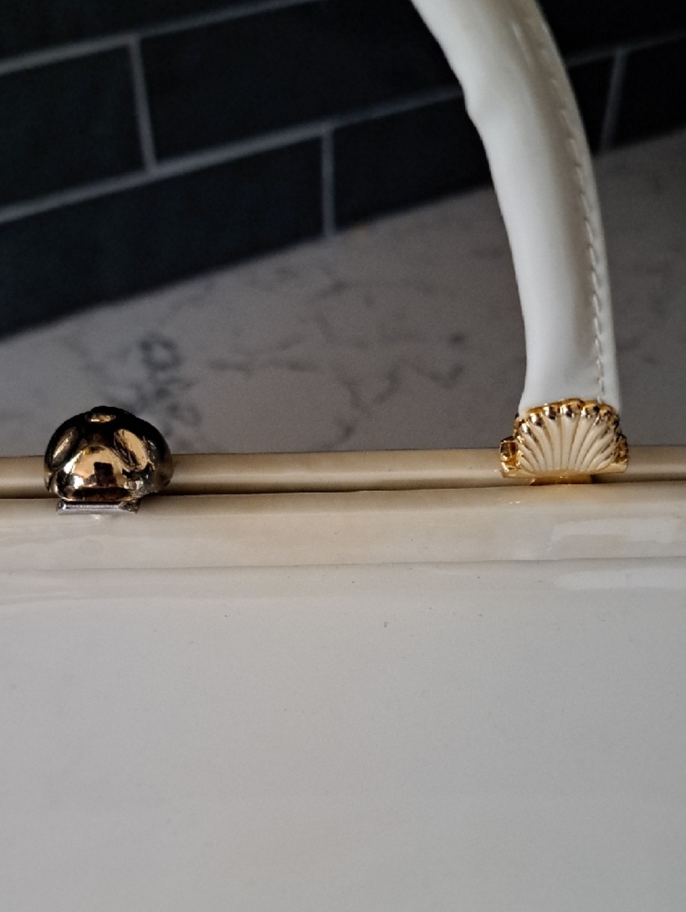 Cream Patent Top-Handle Clutch with Gold-Tone Accents - Picture 2 of 5